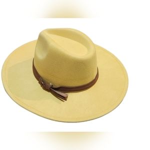 Brand New Suede Large Yellow Fedora Hat with Brown Leather Belt.